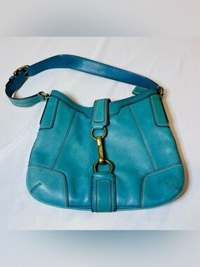Coach Smooth Leather Hobo Bag Turquoise With ContrastStitching Brass Hardware